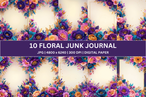 Download 10 Purple Gold Floral Junk Journal - Junk journal Collection
